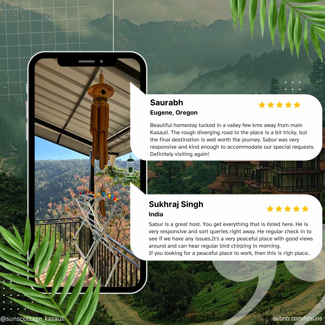 SUNScottage's tweet photo. 💬 Happy guests, heartwarming words! Our Airbnb reviews reflect the love and effort we put into making every stay special. Plan your next peaceful escape to Kasauli today! 🏡💖#kasauli #kasaulihills https://t.co/S8mUiUzdQC