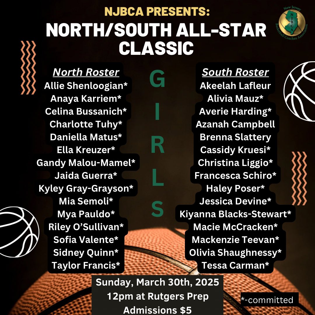 New Jersey Basketball Coaches Association (@njbca_official) on Twitter photo Come out and support some of Jersey’s top senior girls in the NJBCA North/South All Star game! Game tips off at noon on Sunday March 30th at Rutgers Preparatory School in Somerset! #basketball🏀 #girlsbasketball #NJBCA <a href="/NJLadiesHoops/">NJ Ladies Hoops</a> <a href="/NJHoops/">NJ Hoops</a> <a href="/NJHoopRecruit/">NJ Basketball</a> <a href="/Thesjibt/">THE SJIBT SCORES</a> <a href="/EJayArrow/">E J 🏀</a> Come out and support some of Jersey’s top senior girls in the NJBCA North/South All Star game! Game tips off at noon on Sunday March 30th at Rutgers Preparatory School in Somerset! #basketball🏀 #girlsbasketball #NJBCA <a href="/NJLadiesHoops/">NJ Ladies Hoops</a> <a href="/NJHoops/">NJ Hoops</a> <a href="/NJHoopRecruit/">NJ Basketball</a> <a href="/Thesjibt/">THE SJIBT SCORES</a> <a href="/EJayArrow/">E J 🏀</a>