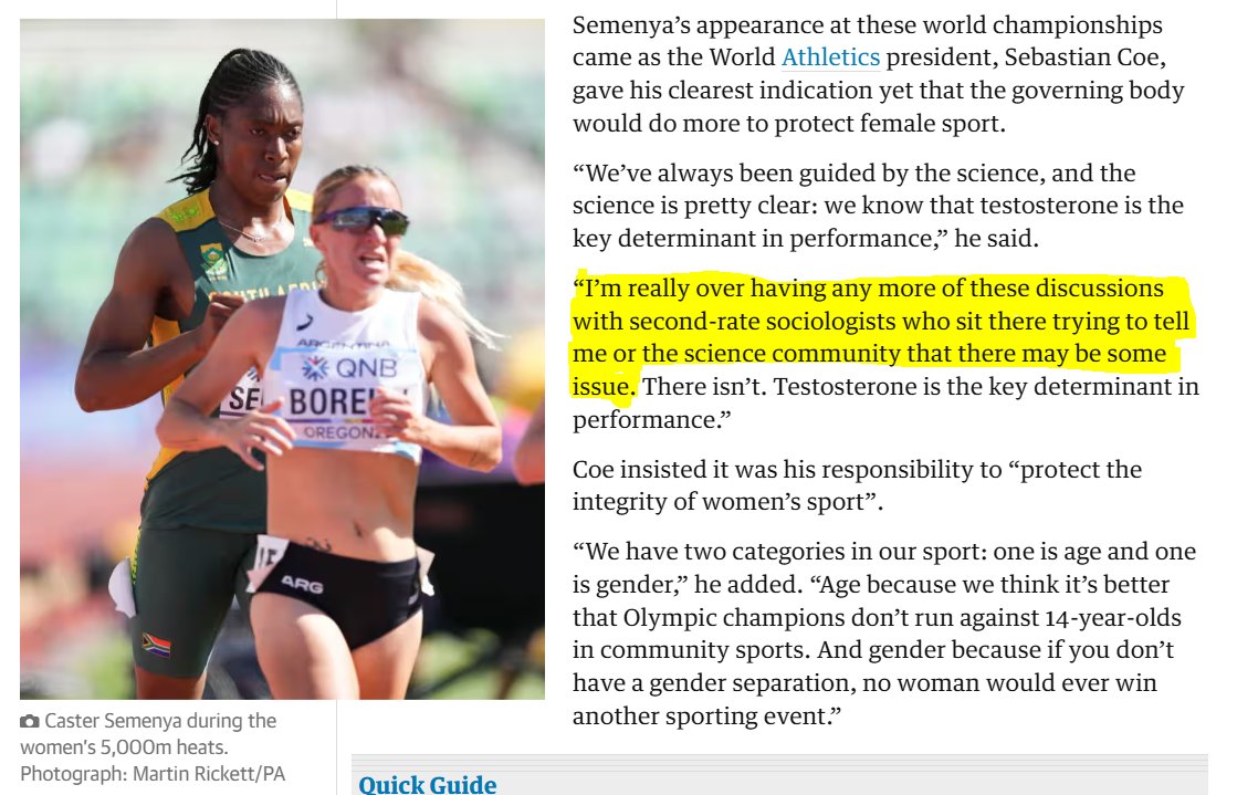 runthinkwrite's tweet photo. A reason for enthusiasm about Coe is that he gets it: not just at a policy level, but also in terms of the poor quality of argument that supported male bodies in female sport.  Here's that quote: https://t.co/LCnIBI1V7X