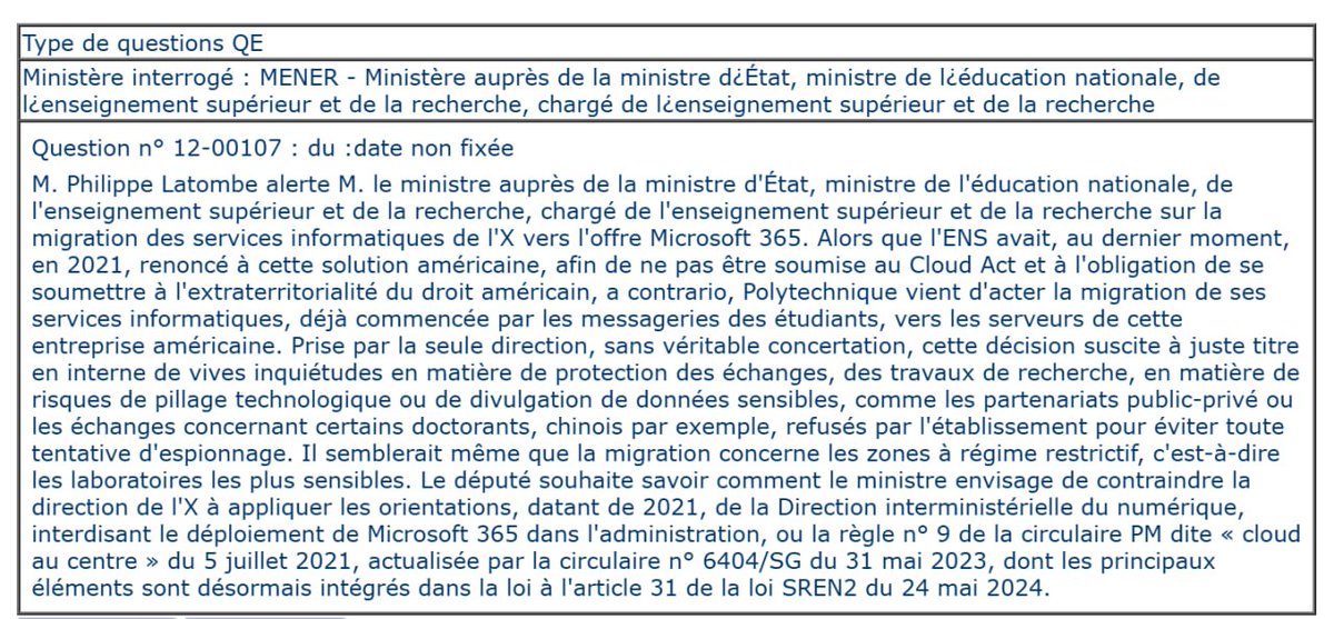 Philippe Latombe (@platombe) on Twitter photo J’ai demandé aux ministres concernés, par 2 quest* de dénoncer les 2 contrats signés par <a href="/education_gouv/">Ministère Éducation nationale</a> & <a href="/Polytechnique/">École polytechnique</a> avec <a href="/microsoftfrance/">Microsoft France</a>.
Notre administrat* devrait penser que ses décis° doivent être conformes aux politiques publiques & à l’intérêt supérieur du pays. J’ai demandé aux ministres concernés, par 2 quest* de dénoncer les 2 contrats signés par <a href="/education_gouv/">Ministère Éducation nationale</a> & <a href="/Polytechnique/">École polytechnique</a> avec <a href="/microsoftfrance/">Microsoft France</a>.
Notre administrat* devrait penser que ses décis° doivent être conformes aux politiques publiques & à l’intérêt supérieur du pays.