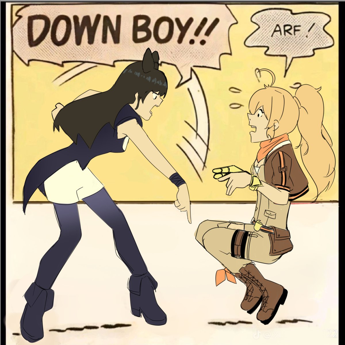 Veinarts's tweet photo. "Back to the kitty, 'cause she's kinda pretty I can't stop lookin' at her ti-ti-ti- fa--"
Yang, The eyes. Where are you looking??
// I just knew V1-V3 Blake could do this to v8-v9 Yang
😭 #rwby #blakebelladonna #yangxiolong #BLMB #fanart #art https://t.co/RlzrRsZrwR
