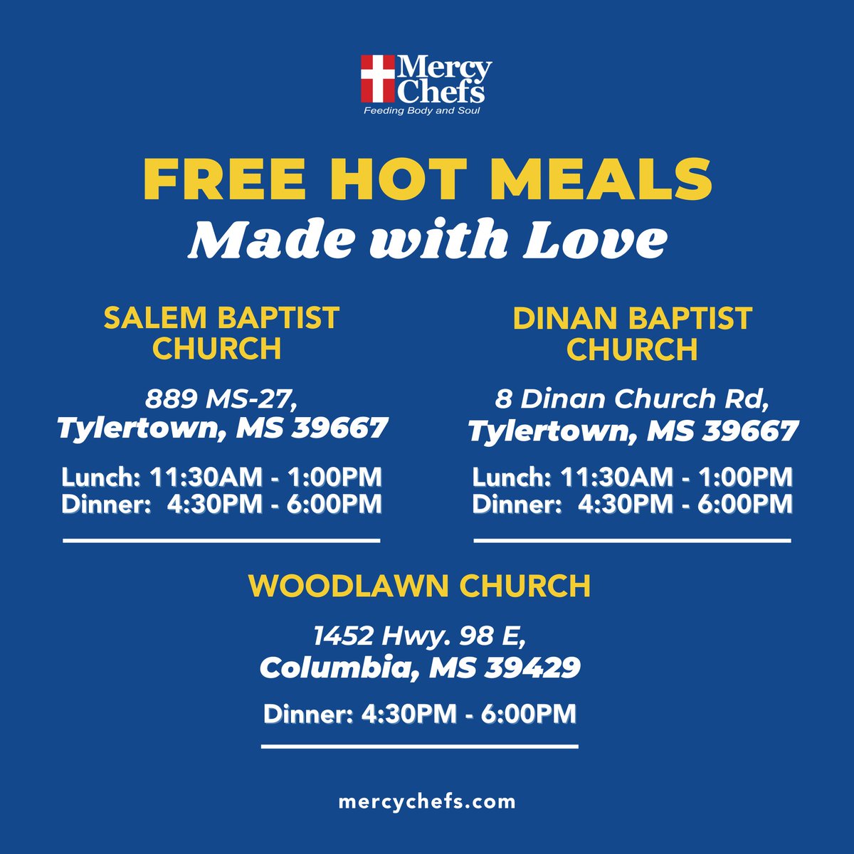 MercyChefs's tweet photo. 📣Meal Times Update! Mercy Chefs will be serving hot, chef-prepared meals in #Tylertown, MS, out of Salem Baptist Church, Dinan Baptist Church, and Woodlawn Church!

Please share this post with all of your friends, family, and neighbors in #Mississippi and the surrounding areas to ensure that we can reach everyone who needs a hot meal. If there are any changes to meal times, we will be sure to let you know!

Thank you for sending us to feed body and soul in Mississippi ❤️ #TylertownMS #TornadoOutbreak #SevereWeather #DisasterRelief