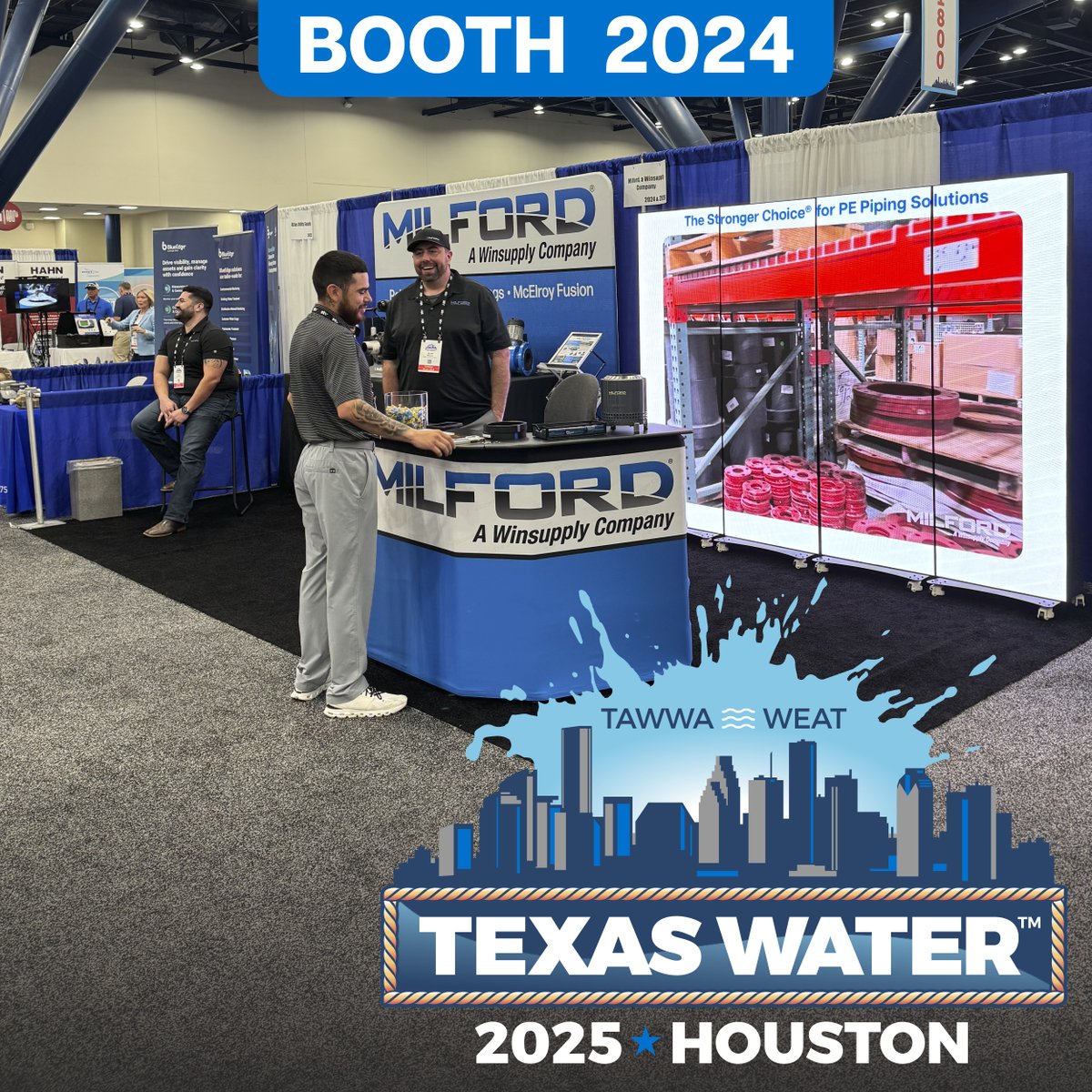 Milford_Comp's tweet photo. Texas Water 2025 is buzzing this morning! 💥 The exhibit hall is full of energy, and we’re ready to talk all things poly pipe at Booth 2024. Stop by to meet our team and see how Milford can support your next project! #TexasWater2025 #PolyPipe #PVF #TheStrongerChoice #HDPE https://t.co/VKnfyyEc7m