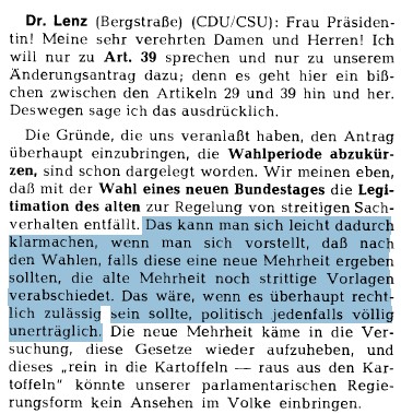 Im Lichte der gestrigen Sitzung zur Ermächtigung der Aufnahme der #Merzschulden sollte man sich - neben der Geschichte der Regelung des Art. 38 III GG i.V.m. § 45 Abs. 1 BWahlG - vor Augen führen, was Zweck der Norm des Art. 39 I GG bei seiner Einführung 1976 sein sollte: 

man