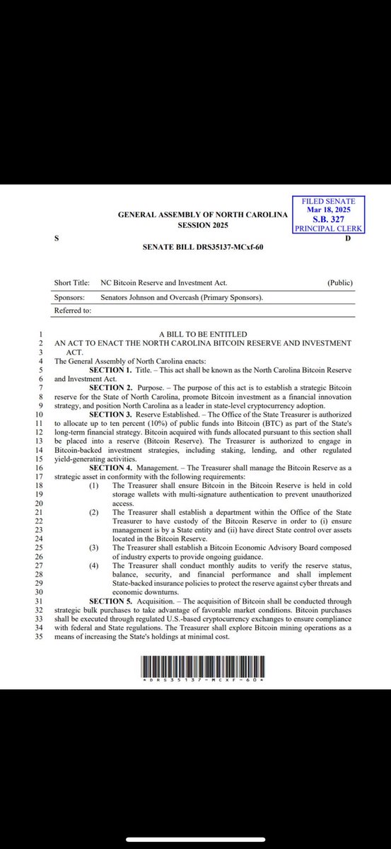 NEW: 🇺🇸 North Carolina proposes bill SB327 to allocate up to 10% of state funds to Bitcoin.