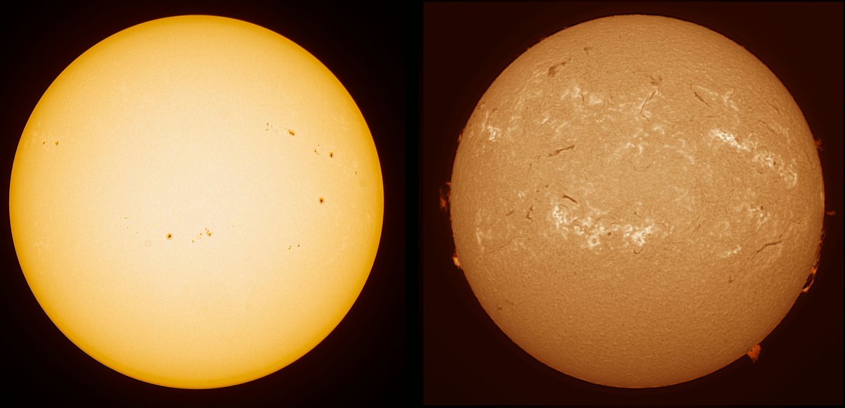 CarbonRobot's tweet photo. Sun today before cloud returned. 19032025. Left white light safety filter showing the Photosphere and Hydrogen Alpha on the right showing the Chromosphere. #sun #solar #space #astrophotography #sunspots #sunhour #acuter https://t.co/p0HYIqYX62