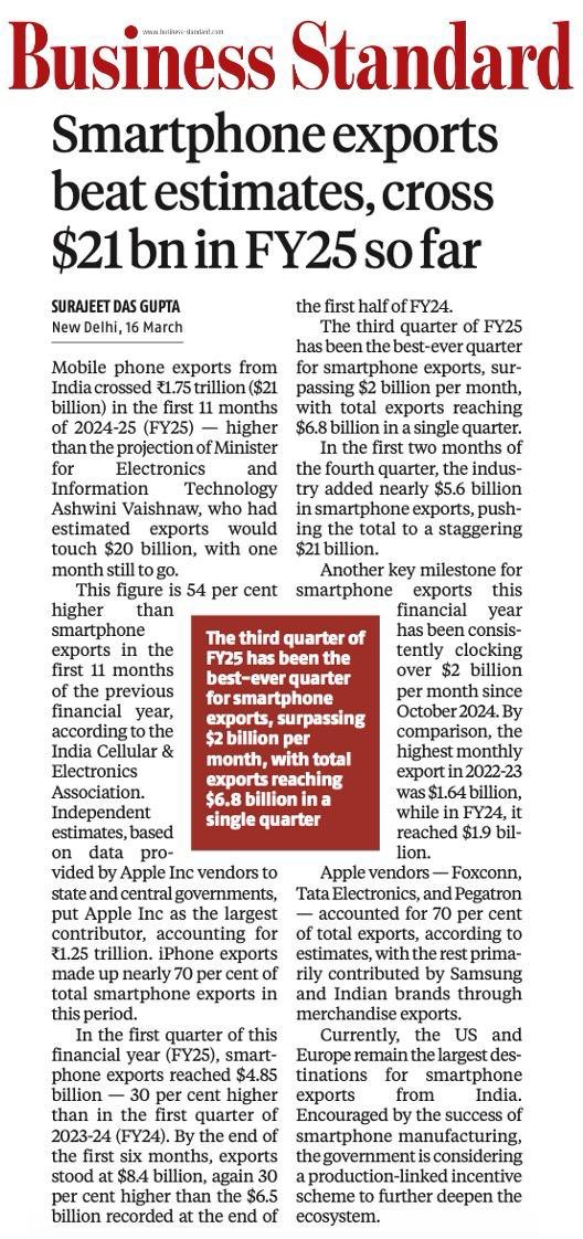 arabindar1's tweet image. Smartphone exports exceed Rs.1.75 lakh cr / $21 bn in 11 months of FY’25.
#exportdata