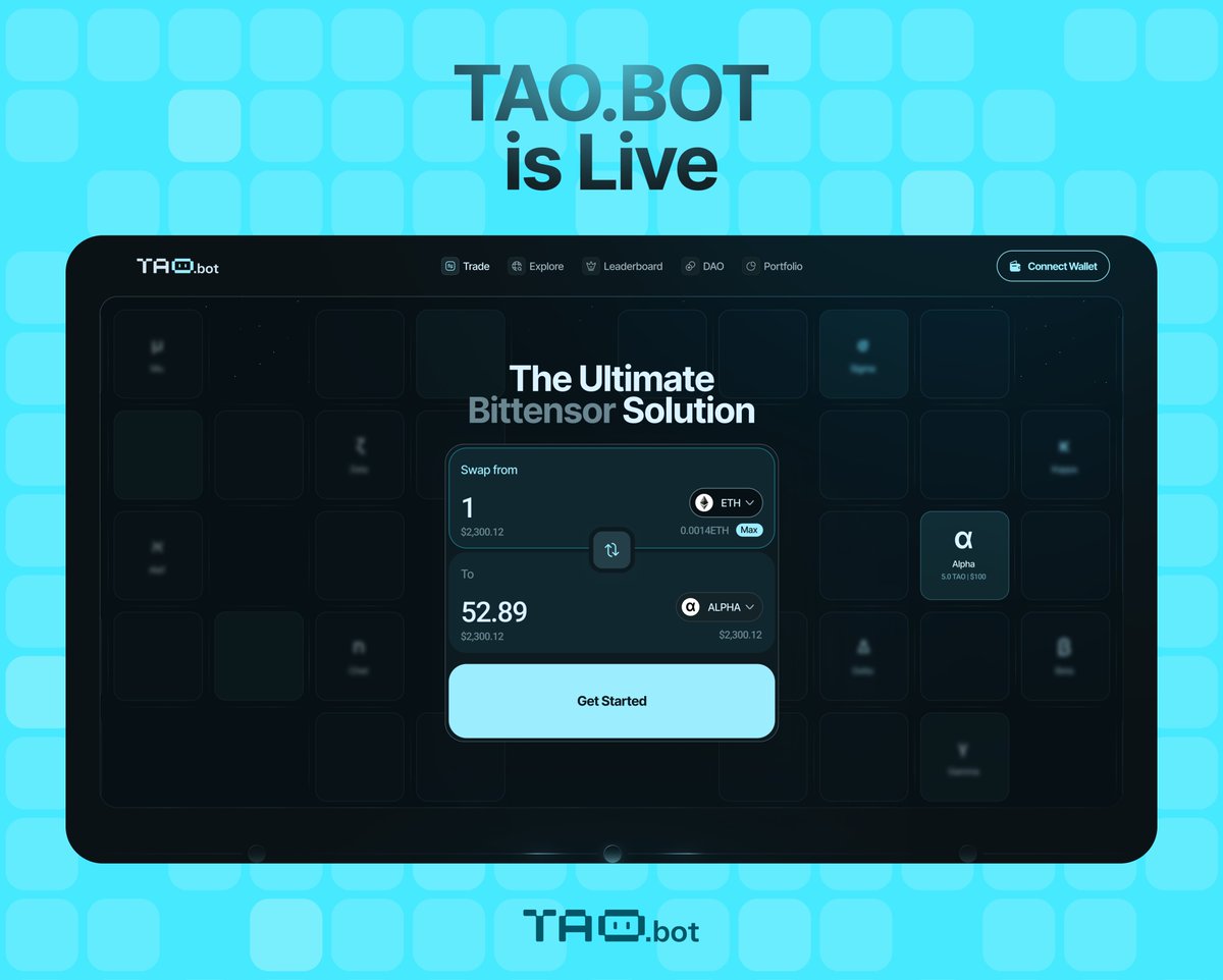 taodotbot's tweet image. 🚀 TAO.BOT is Officially Live—Explore and Trade dTAO Subnet Tokens Now

The wait is over.  is here, your gateway to the rapidly evolving decentralized intelligence economy of Bittensor.

🔵 Seamlessly Bridge to Bittensor $TAO
Trade subnet…
