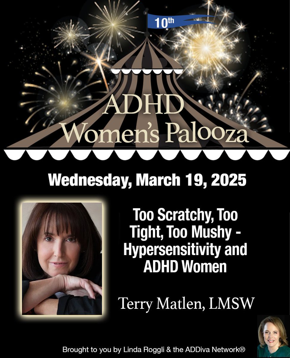 TODAY! Wednesday, March 19, 2025!
tinyurl.com/yh7wjm78

My topic: Too Scratchy, Too Tight, Too Mushy- Hypersensitivity and ADHD Women.

The sessions are all recorded so you can watch any time for 24 hours. 
Registration is FREE:

tinyurl.com/yh7wjm78