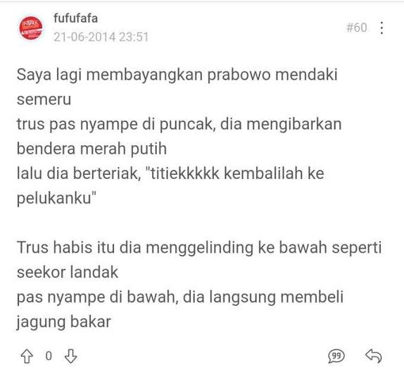 <a href="/smekdoncat/">無</a> Memori kita direfresh fufufafa 🥰
Kemaren juga banyak yang milih anu sambil bilang "balikan"...
Berat ya mau 'rangkul' voter anu, udah keliatan gabisa to the point/by data karena alasan milihnya ya emosional. Mereka bias nostalgia juga bias drama keluarga idaman berduit+"gemes".