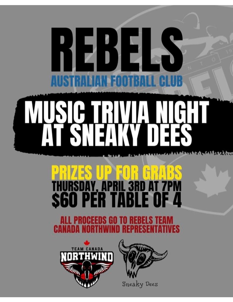 Rebels Music Trivia Night at Sneaky Dees. Join us on April 3rd for a fun night with quiz master Paps, all proceeds go to support our Team Canada Rebels.
pitchero.com/clubs/rebelsto…