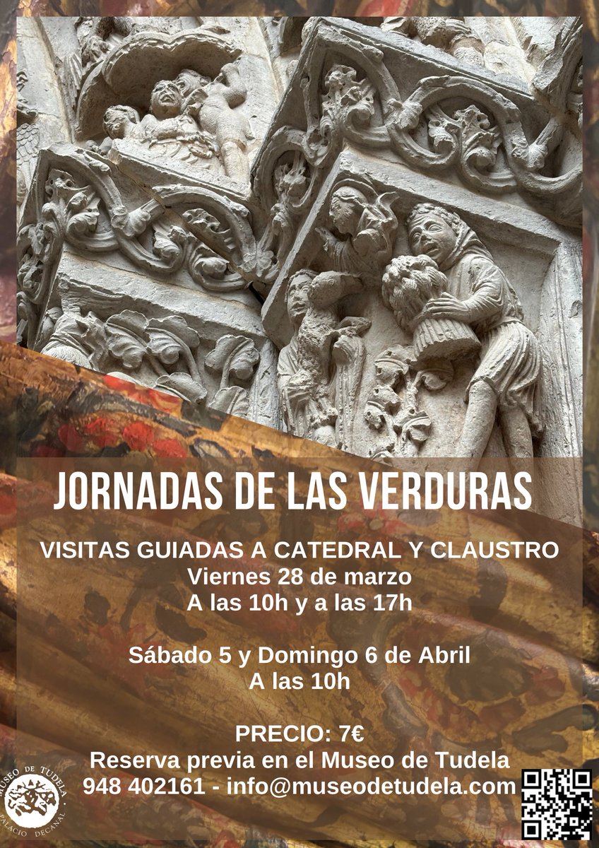MuseodeTudela's tweet photo. Buenas tardes!!!

Aprovecha  estas Jornadas de las Verduras y apúntate a una de las visitas guiadas a  la Catedral y Claustro que ofrecemos desde el Museo los días 28 de  marzo, 5 y 6 de abril.

Reservas en el Museo de Tudela - 948 40 21 61 - Precio: 7€

Os esperamos!!!🥦🥬🍅🫛 https://t.co/Op48xKPHyp