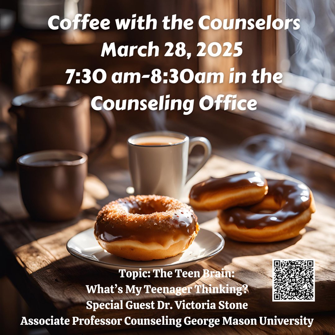 Parents and Guardians,
Please check in at the main office and join us in the Counseling Office. Coffee and Donuts will be served.
Scan the QR Code to RSVP. We look forward to seeing you there!

FHS Counseling Department