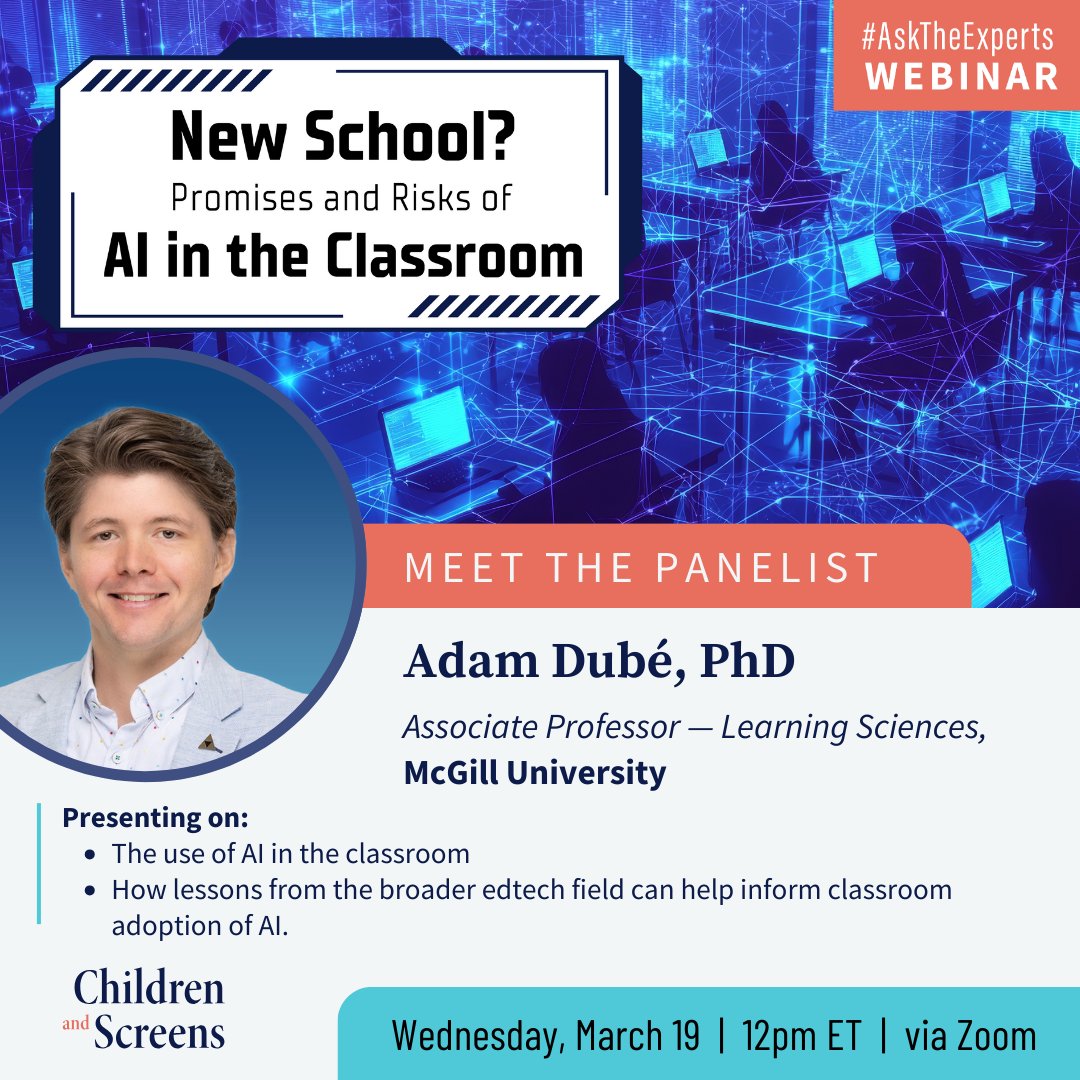 Now, Adam Dubé, PhD, joins our panel to present on use of AI in the classroom, and how lessons from the broader edtech field can help inform our adoption of AI. His area of research includes how technology, including game-based learning and GenAI, augment the learning process.