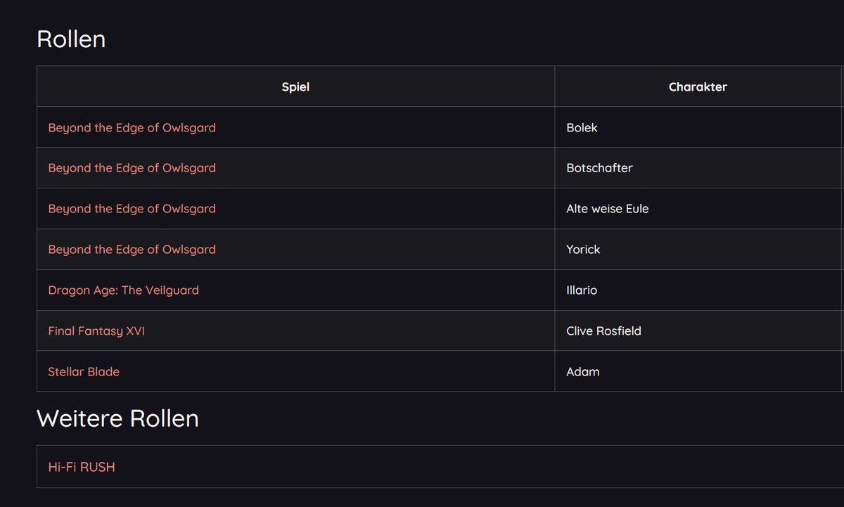 Unser Nico hat noch was in die Tasten gehauen und dank seiner Arbeit könnt ihr ab sofort auch die weiteren Rollen in den verschiedenen Spielen auf den jeweiligen Personenseiten sehen. 

Somit können künftig auch kleinere oder sogar namenlose Rollen nachvollzogen werden✨