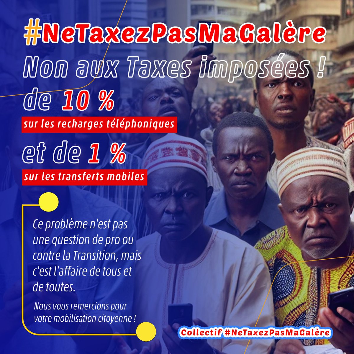 Collectif #NeTaxezPasMaGalère 

Une pétition est lancée pour dire NON aux taxes imposées par le gouvernement.

Merci de signer et de faire signer la pétition.

Lien : change.org/p/netaxezpasma…

Nos autorités de la transition ont décidé, à partir du 5 mars 2025, de prélever des