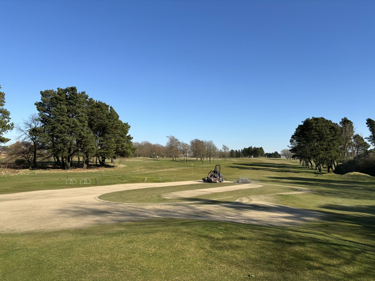 All greens are now hollow tined and dressed, just four to top up with sand tomorrow.