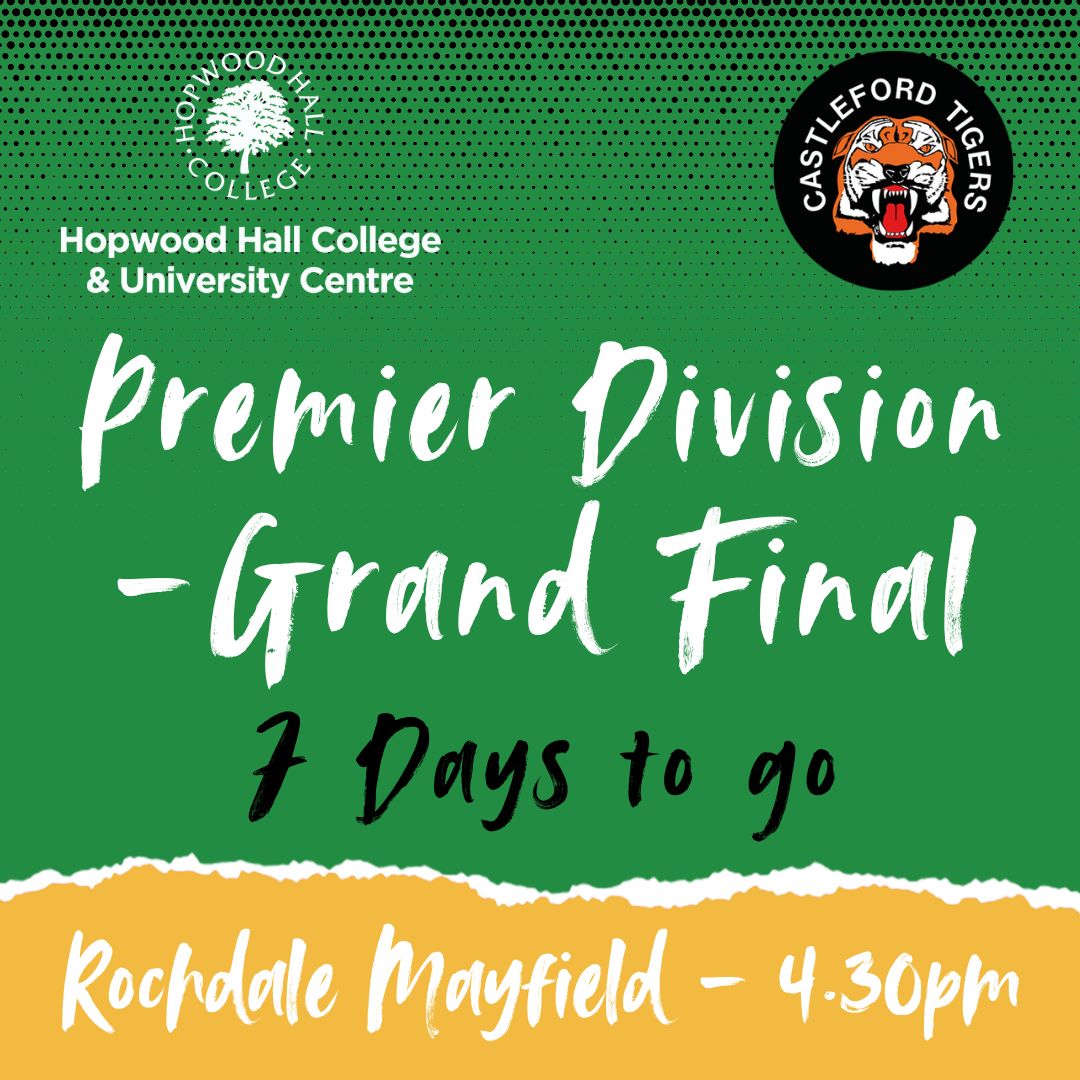 Hopwood Hall College & University Centre (@hopwoodhall) on Twitter photo ONE WEEK to go until our Rugby Team tackle their first ever Premier Division Grand Final!
Our history-makers are playing at <a href="/Mayfieldrl/">Rochdale Mayfield ARLFC</a>, kicking off at 4:30pm on Wednesday 26th.
Come on down and show your support as #TeamHopwood compete in this historic match. ONE WEEK to go until our Rugby Team tackle their first ever Premier Division Grand Final!
Our history-makers are playing at <a href="/Mayfieldrl/">Rochdale Mayfield ARLFC</a>, kicking off at 4:30pm on Wednesday 26th.
Come on down and show your support as #TeamHopwood compete in this historic match.