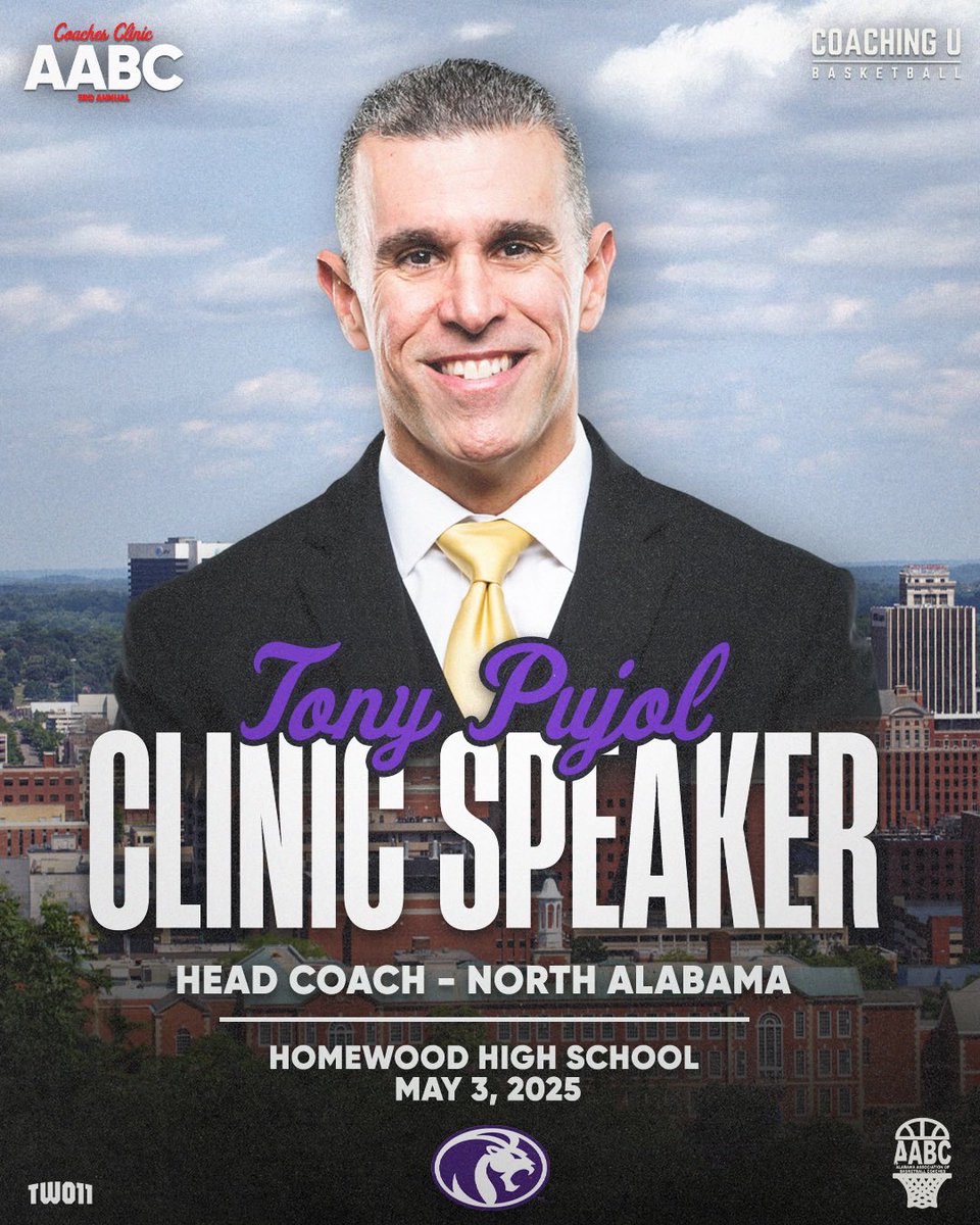 Don’t miss out on this opportunity to learn from Hugh Durham National COY Finalist. The Co ASUN Champion @una_mbb HC Tony Pujol will be in Birmingham this May at our 3rd Annual AABC x @coaching_u Clinic.

You can watch the Lions tonight in the @nitmbb vs Bradley at 7:00 on ESPN+