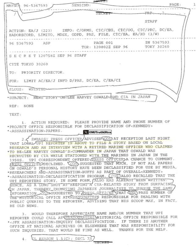 🚨BREAKING UPDATE: JFK Files

Groundbreaking document shows Oswald’s Commander went on Record to state that Oswald was in-fact Recruited by the CIA IN JAPAP

• This declassified CIA cable from 1996 provides compelling evidence that Lee Harvey Oswald was, in fact, a CIA asset,