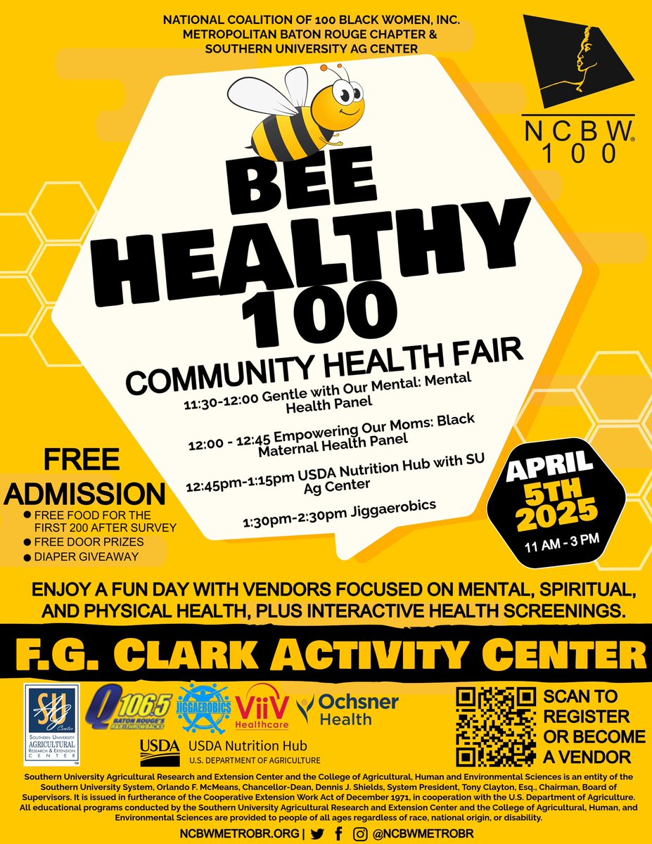 suagcenter's tweet photo. Join us at the Bee Healthy 100 Health Fair!

The National Coalition of 100 Black Women &amp; Southern University Ag Center are teaming up on April 5th, 2025, at the F.G. Clark Activity Center to bring you a day of health, wellness, and community empowerment. (1/2) https://t.co/YwdhPOqrWM