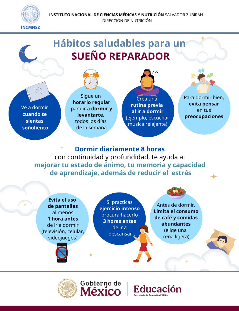 SupervisionBT04's tweet photo. Conoce las recomendaciones que nos comparte el Instituto Nacional de Ciencias Médicas y Nutrición para tener un Sueño Reparador 😴🌜 https://t.co/U1IVYWe26G