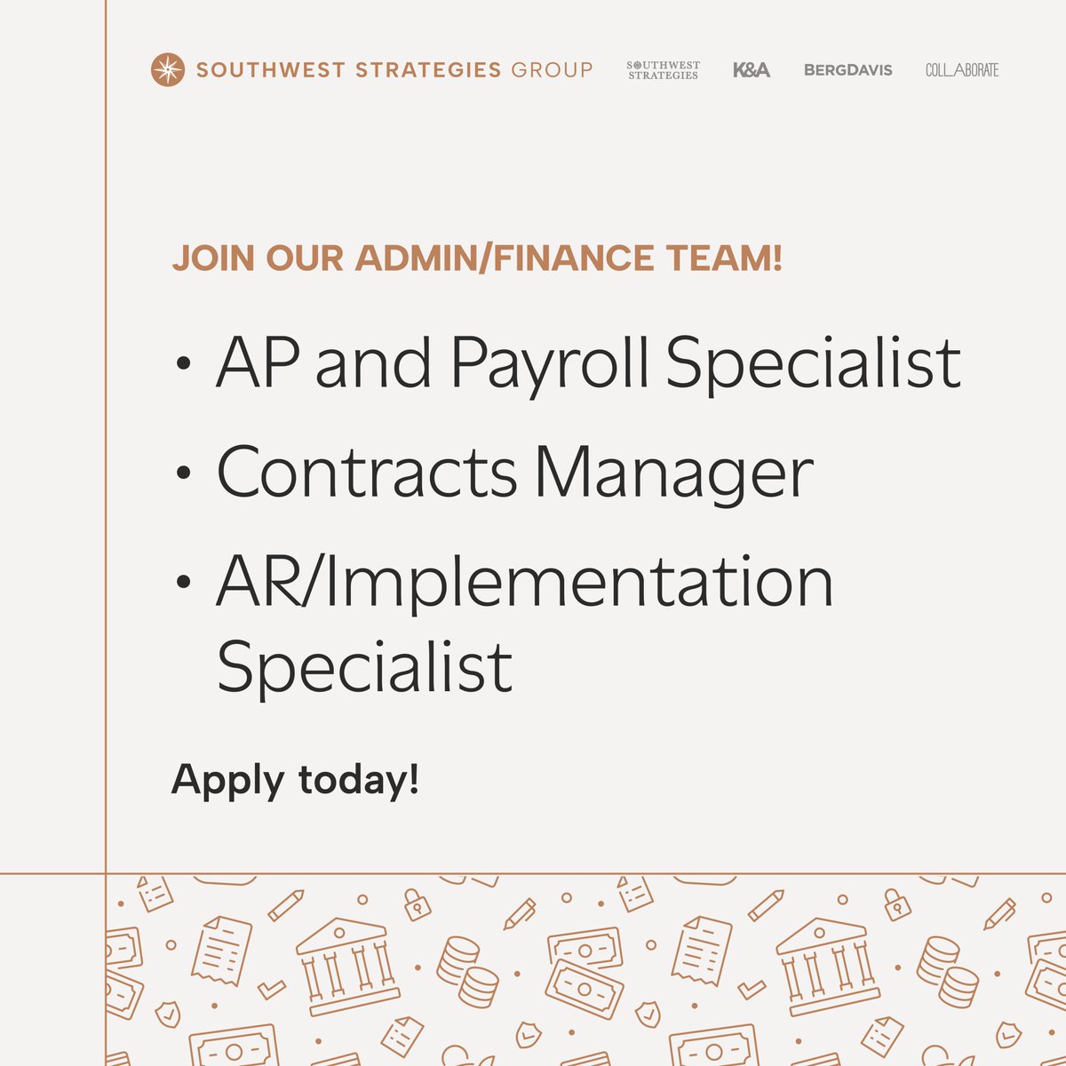 Southwest Strategies Group is seeking passionate individuals to support our finance and administration teams in San Diego.
✨ AP and Payroll Specialist
✨ Contracts Manager
✨ AR/Implementation Specialist 

To learn more and apply, visit: recruiting.paylocity.com/recruiting/job…