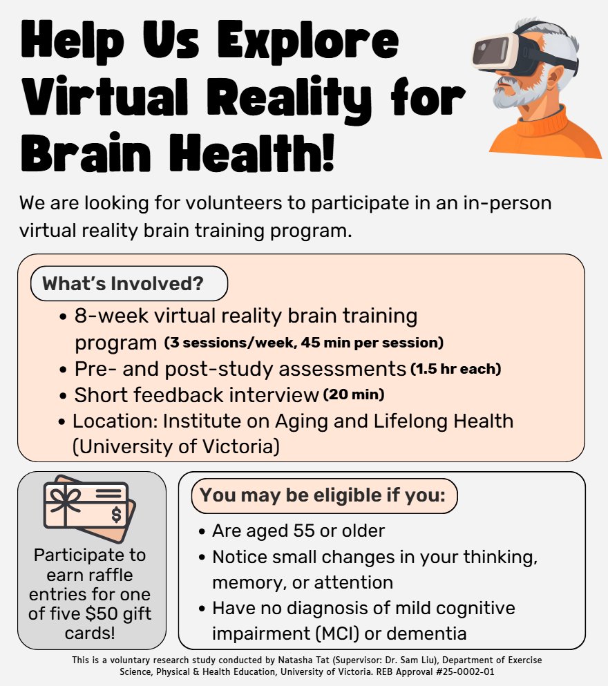 Institute on Aging & Lifelong Health (@uvicaging) on Twitter photo Are you aged 55 or older and interested in trying out virtual reality games? Please complete this form (redcap.link/virtualreality…) or contact: Natasha Tat (Graduate Student Researcher) at ntat@uvic.ca or 647-458-6067 Are you aged 55 or older and interested in trying out virtual reality games? Please complete this form (redcap.link/virtualreality…) or contact: Natasha Tat (Graduate Student Researcher) at ntat@uvic.ca or 647-458-6067