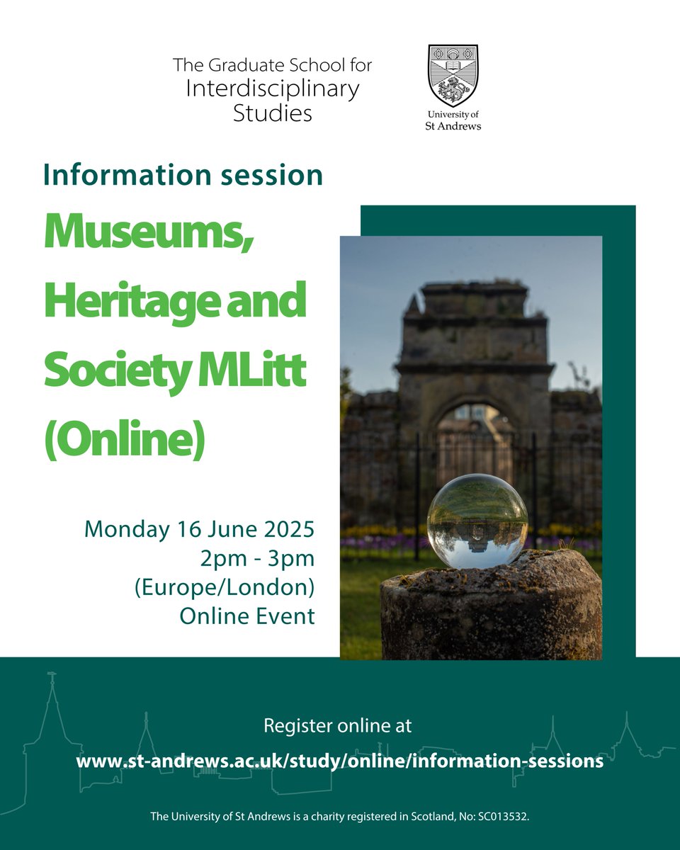 StAndGradSchool's tweet image. Interested in studying the Museums, Heritage & Society MLitt (Online) at @univofstandrews?
Join our online info session next Monday to find out more!
@MHSStAndrews