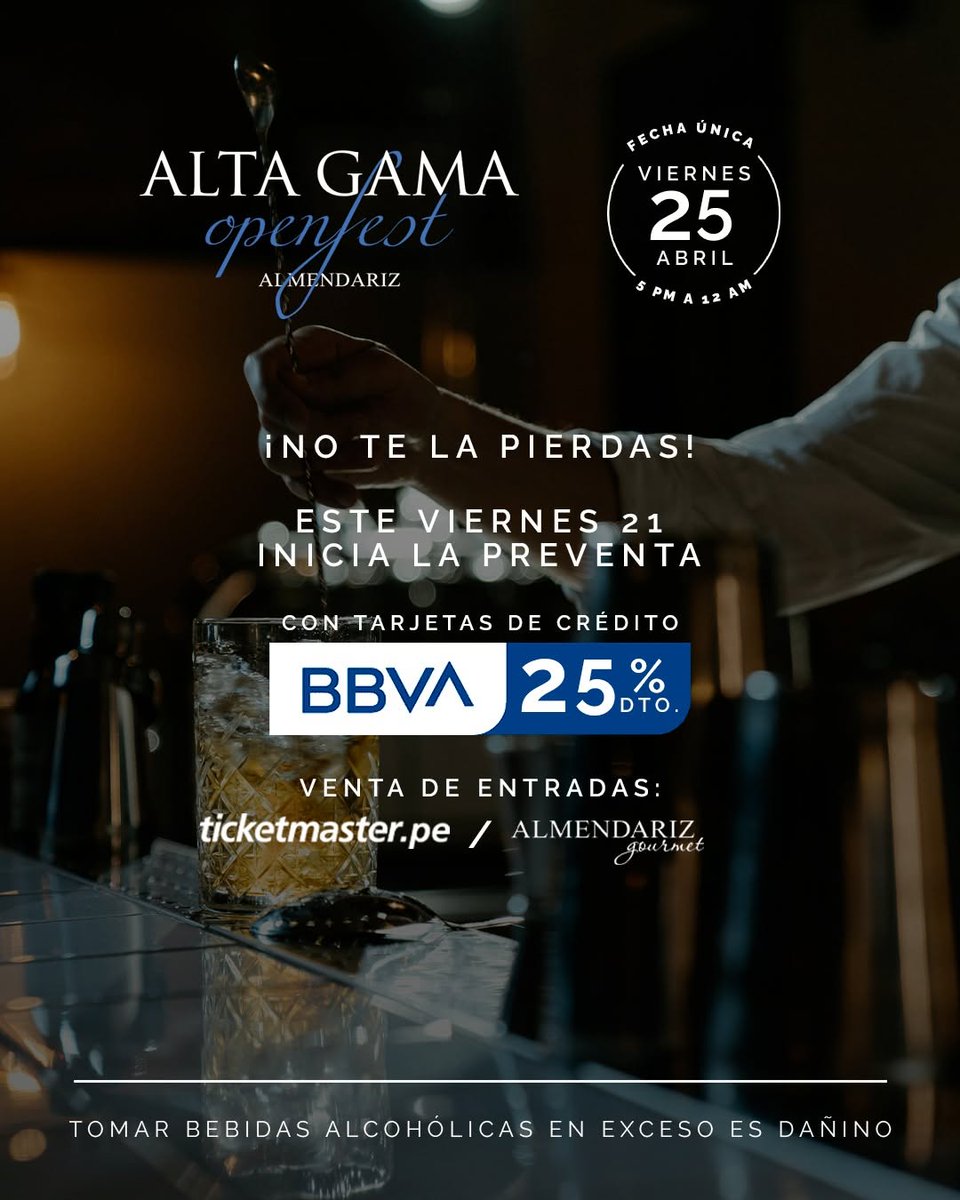 TicketmasterPE's tweet image. 🎟️ ¡UNA SOLA FECHA, UNA SOLA OPORTUNIDAD! 🎟️

Este 25 de abril vivirás una experiencia única en #AltaGama 🍷✨ ¡No te quedes fuera! Asegura tu entrada antes del SOLD OUT ⏳

🔥 PREVENTA EXCLUSIVA BBVA 🔥
📅 Desde este viernes 21
💳 25% de descuento con tarjetas de crédito BBVA
