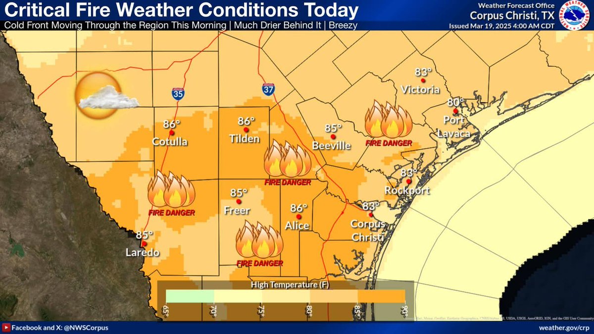 The US National Weather Service <a href="/NWSCorpus/">NWS Corpus Christi</a> has issued a Red Flag Warning today from 7:00 a.m. through 9:00 p.m. for all areas of South Texas except the barrier islands. A Fire Danger Statement is also in effect from 12:00 p.m. through 9:00 p.m. for the barrier islands along the