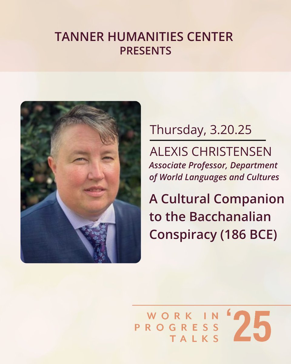 Join us TOMORROW! Associate Professor Alexis Christensen will be presenting her research this Thursday at 12pm in the Jewell Box, CTIHB 143. Lunch provided! 

See you there! #tannerhumanitiescenter #uofu #uofulanguages #bacchanalianconspiracy #uofuhumanities #utahhumanities #WIPs