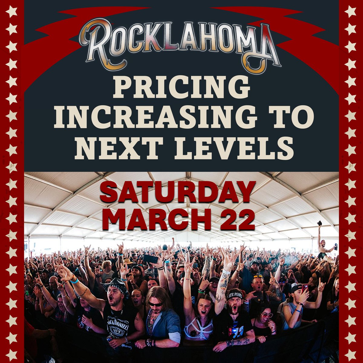 LAST CHANCE! 🔥
Rocklahoma prices crank up THIS SATURDAY, MARCH 22!

Don't wait - this is your FINAL shot to lock in passes at the lowest price before the next jump!

More rock. More madness. More memories. Don't miss out!

ROCKLAHOMA.COM