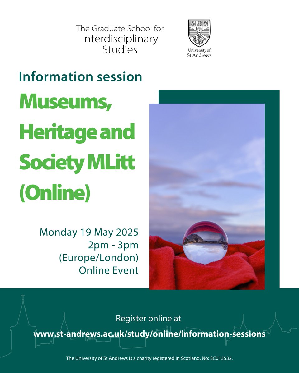 Graduate School for Interdisciplinary Studies (@standgradschool) on Twitter photo Interested in studying the Museums, Heritage & Society MLitt (Online) at <a href="/univofstandrews/">University of St Andrews</a>?
Join our online info session next Monday to find out more!
<a href="/MHSStAndrews/">Museum & Heritage Studies,University of St Andrews</a> Interested in studying the Museums, Heritage & Society MLitt (Online) at <a href="/univofstandrews/">University of St Andrews</a>?
Join our online info session next Monday to find out more!
<a href="/MHSStAndrews/">Museum & Heritage Studies,University of St Andrews</a>