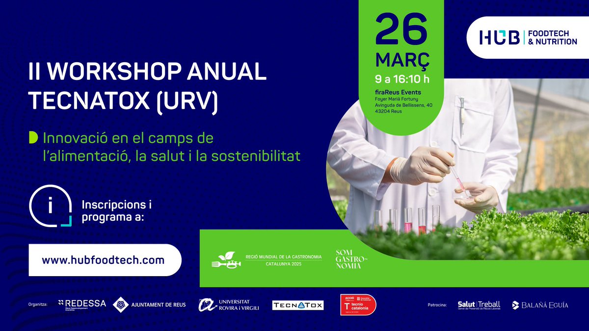 NuMeH_Group's tweet image. 👋🏻👋🏻 El 26 de març es durà a terme el II Workshop Anual Tecnatox (URV) a la firaReus Events (Av. Bellissens 40, Reus) 👏🏻👏🏻👏🏻
@bioquimicaURV @TecnATox @firaReusEvents @cienciaURV