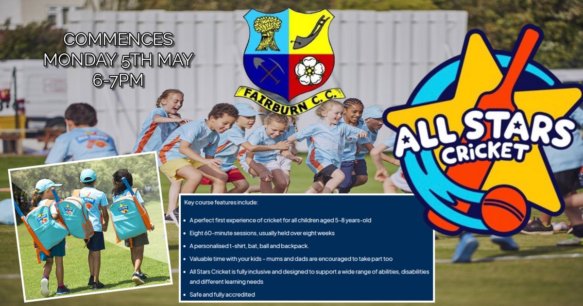 All Stars Cricket 

Starts Monday 5th May for 8 weeks

6-7pm