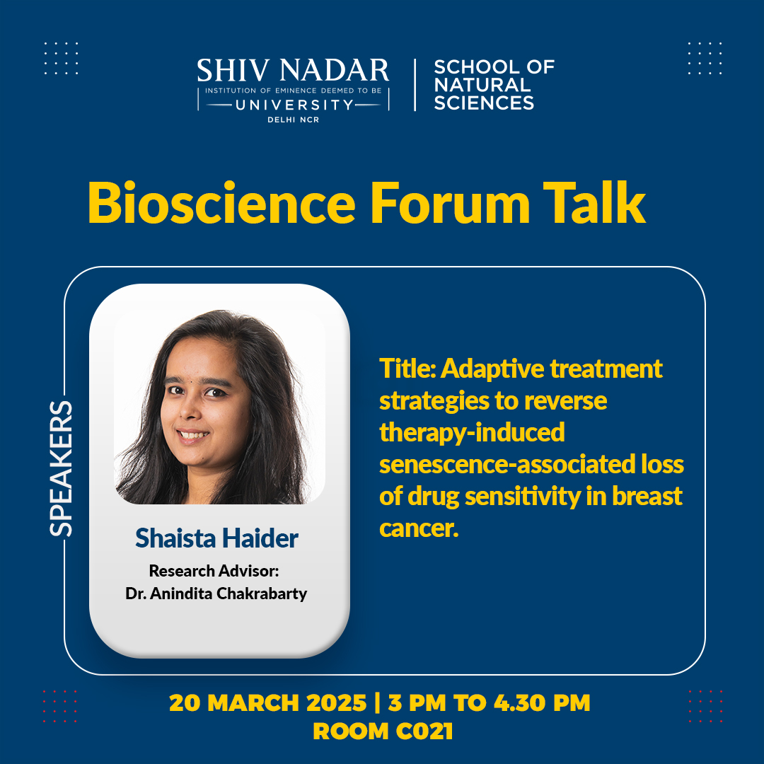 dls_snioe's tweet photo. #BioScienceForum
Today, PhD scholar Shaista Haider will discuss how cancer cells develop resistance to therapy and strategies to overcome #TherapyInducedSenescence TIS associated resistance in #breastcancer treatment.
#CancerResearch #CancerTherapy #DrugResistance https://t.co/w96TUjoFmI