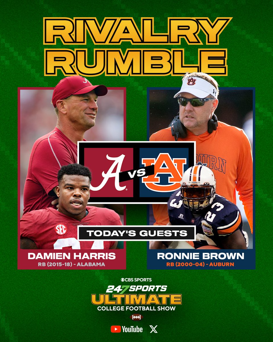 247Sports (@247sports) on Twitter photo IRON BOWL IN MARCH 🚨
Alabama, Auburn legends Damien Harris and Ronnie Brown RUMBLE on today’s episode of The Utlimate CFB Show 🥊
<a href="/DHx34/">Damien Harris</a> x <a href="/ronnie23brown/">Ronnie Brown</a>
⏰: 4PM ET / 3PM CT
📺: youtube.com/live/Rumqi6brf… IRON BOWL IN MARCH 🚨
Alabama, Auburn legends Damien Harris and Ronnie Brown RUMBLE on today’s episode of The Utlimate CFB Show 🥊
<a href="/DHx34/">Damien Harris</a> x <a href="/ronnie23brown/">Ronnie Brown</a>
⏰: 4PM ET / 3PM CT
📺: youtube.com/live/Rumqi6brf…