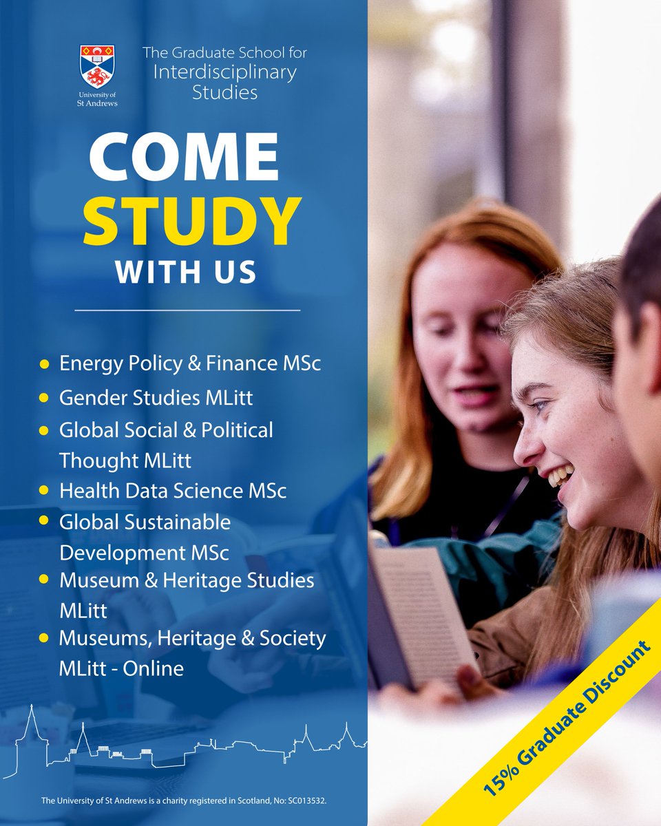StAndGradSchool's tweet image. Interested in interdisciplinary postgraduate study at the @univofstandrews? 🎓
We offer a range of Masters Degrees (and 15% off for recent graduates).
@StLeonards_PGs
@EthicsEnergy
@GenderStAndrews
@StAndrewsSGSD
@StAndMedicine
@MHSStAndrews
#evertoexcel #interdisciplinary