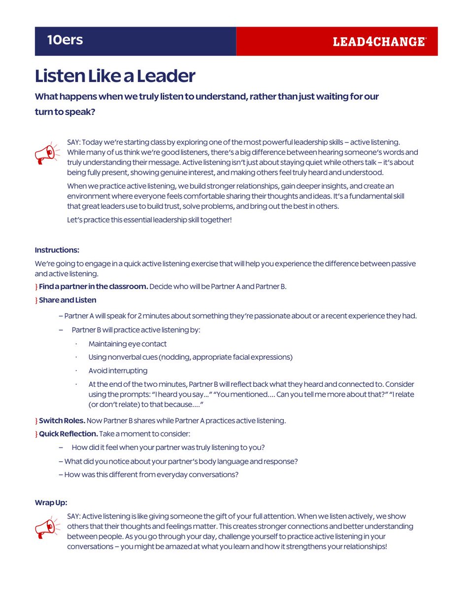 Great leaders aren’t just great talkers—they’re great listeners.🧏

This month’s 10er (a free 10-minute activity to set the tenor of your classroom) is all about active listening, helping students practice the skills that build trust, collaboration, and stronger relationships.