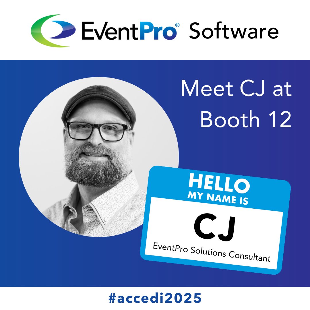 EventProConnect's tweet photo. Meet CJ, our EventPro Solutions Consultant! He’s representing EventPro Software at the 2025 @ACCEDI Conference & Expo, Booth 12.
https://t.co/OQQ1B6Jdn2
#accedi #ACCEDI2025 #accediannualconference #EventProSoftware https://t.co/wUaaLcawgq