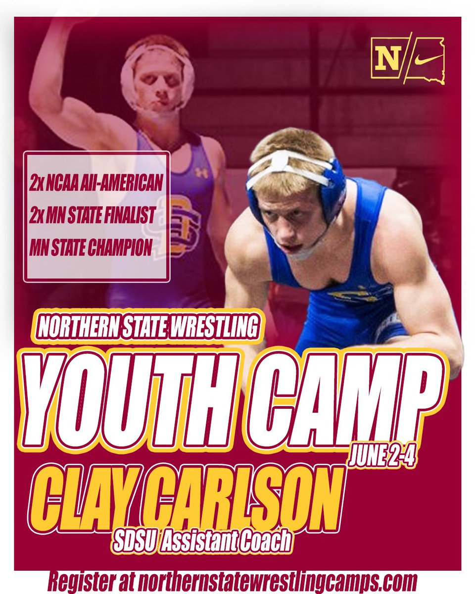 Northern State Youth camp is set June 2-4! 

We are excited to announce our camp clinician Clay Carlson! It will be an exciting opportunity to grow in your wrestling from some great coaches! ⬇️

More information and registration can be found at northernstatewrestlingcamps.com 
#GoWolves