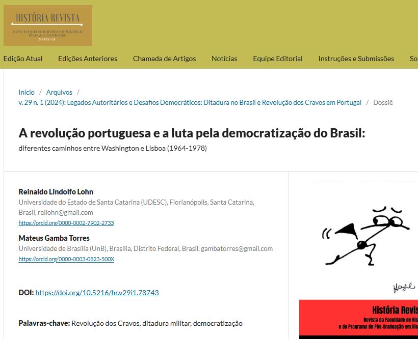 reilohn's tweet photo. Divulgo o artigo 'A revolução portuguesa e a luta pela democratização do Brasil: diferentes caminhos entre Washington e Lisboa (1964-1978)', que publiquei com Mateus Gamba Torres na 'História Revista' (UFG).
Aqui: https://t.co/s0Fc3SxQ8g https://t.co/wJcIBzuyB4