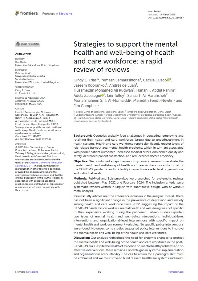 🚨My First-ever Published Article, on the #MentalHealth of healthcare workers. Burnout persists, interventions exist, but systemic action is missing! 📖 Read more &amp; share! ⬇️

Led by <a href="/cindyft1/">Cindy E. Frías</a> and published in #FrontiersinMedicine
frontiersin.org/journals/medic…