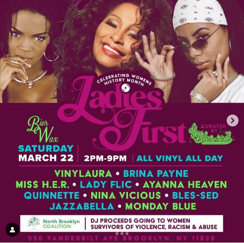 Get ready for the #LadiesFirst event of incredible vibes at Bier Wax on 3.22! 🎉 Join us to celebrate women supporting <a href="/NBCAFV/">NBCAFV</a>, and a huge thanks to the amazing DJ BLES-SED for curating this event. Can't wait to raise funds and raise the roof with an all-star lineup of DJs!💚🙌