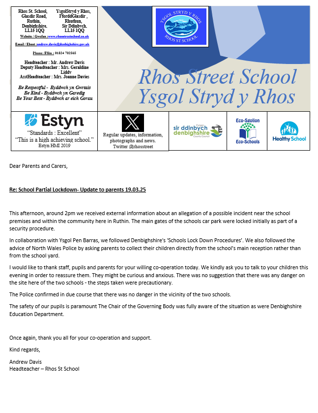 rhosstreet's tweet photo. School Partial Lockdown- Update to parents 19.03.25 https://t.co/RR1N990nLs