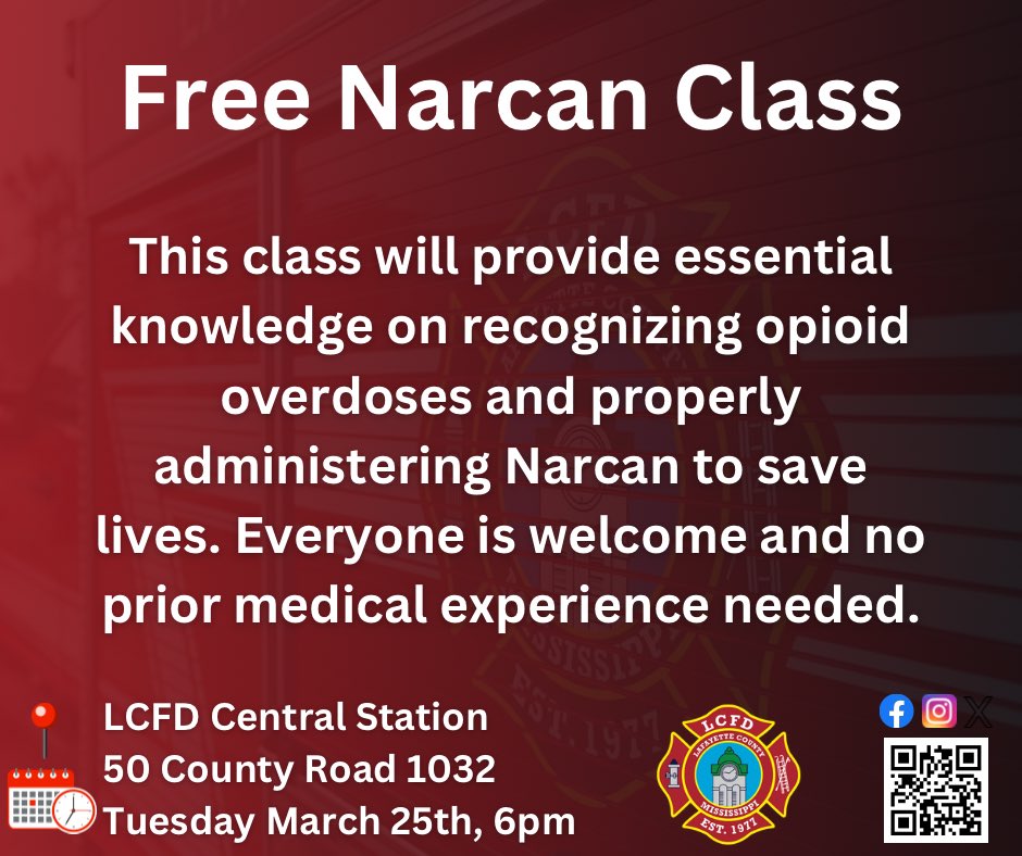 Join us at LCFD Central Station on Tuesday, March 25th, at 6PM for a FREE Narcan class.

This class will provide essential knowledge on recognizing opioid overdoses and properly administering Narcan to save lives. Everyone is welcome and no prior medical experience needed.