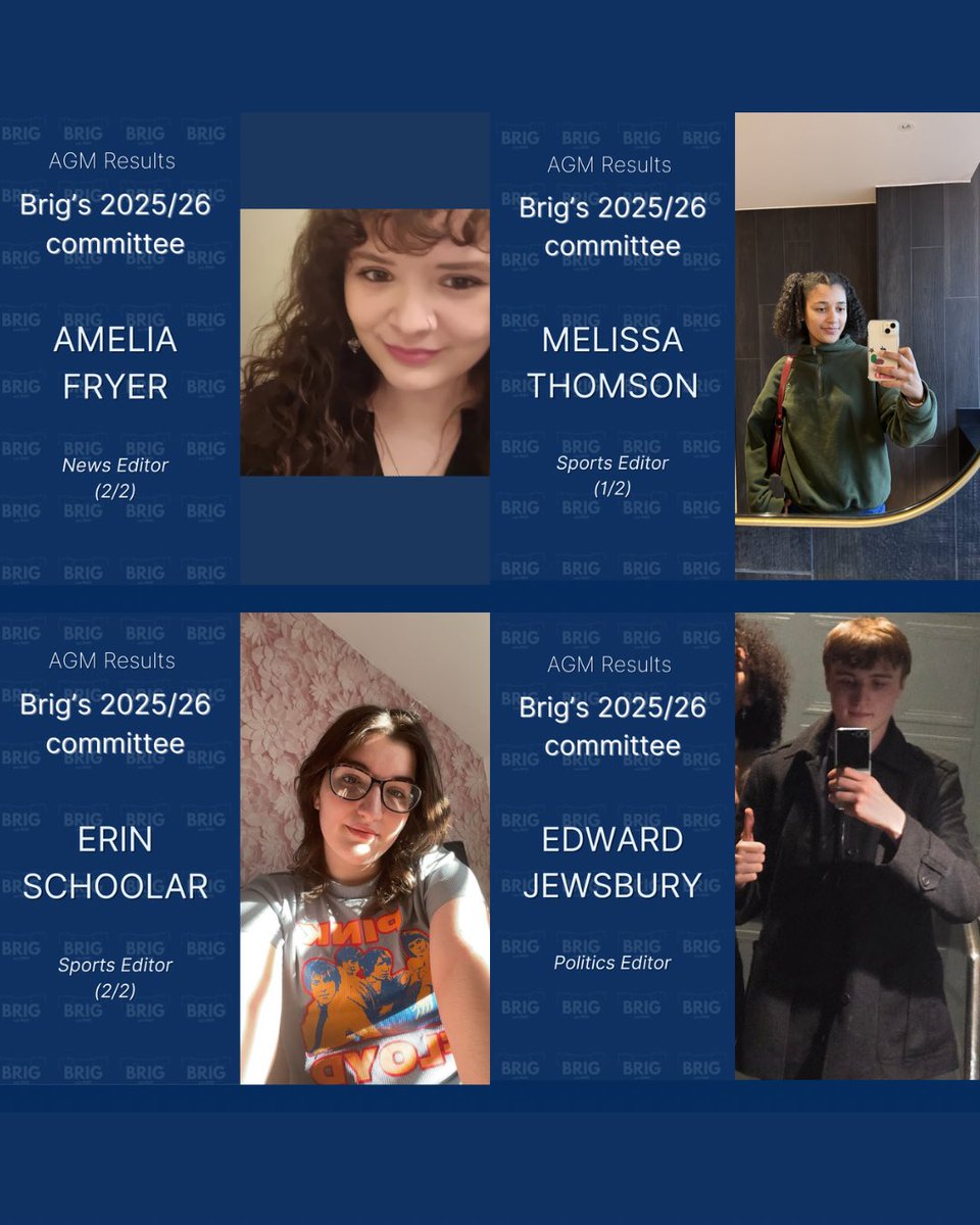 brignewspaper's tweet photo. Meet Brig’s 2025/2026 committee!

The team are so excited for June 1 to roll around so they can start their positions.

Before then, the current committee have lots planned for the remainder of the academic year. 

Exciting times coming at Brig- keep your eyes peeled! https://t.co/9waa3y2keP
