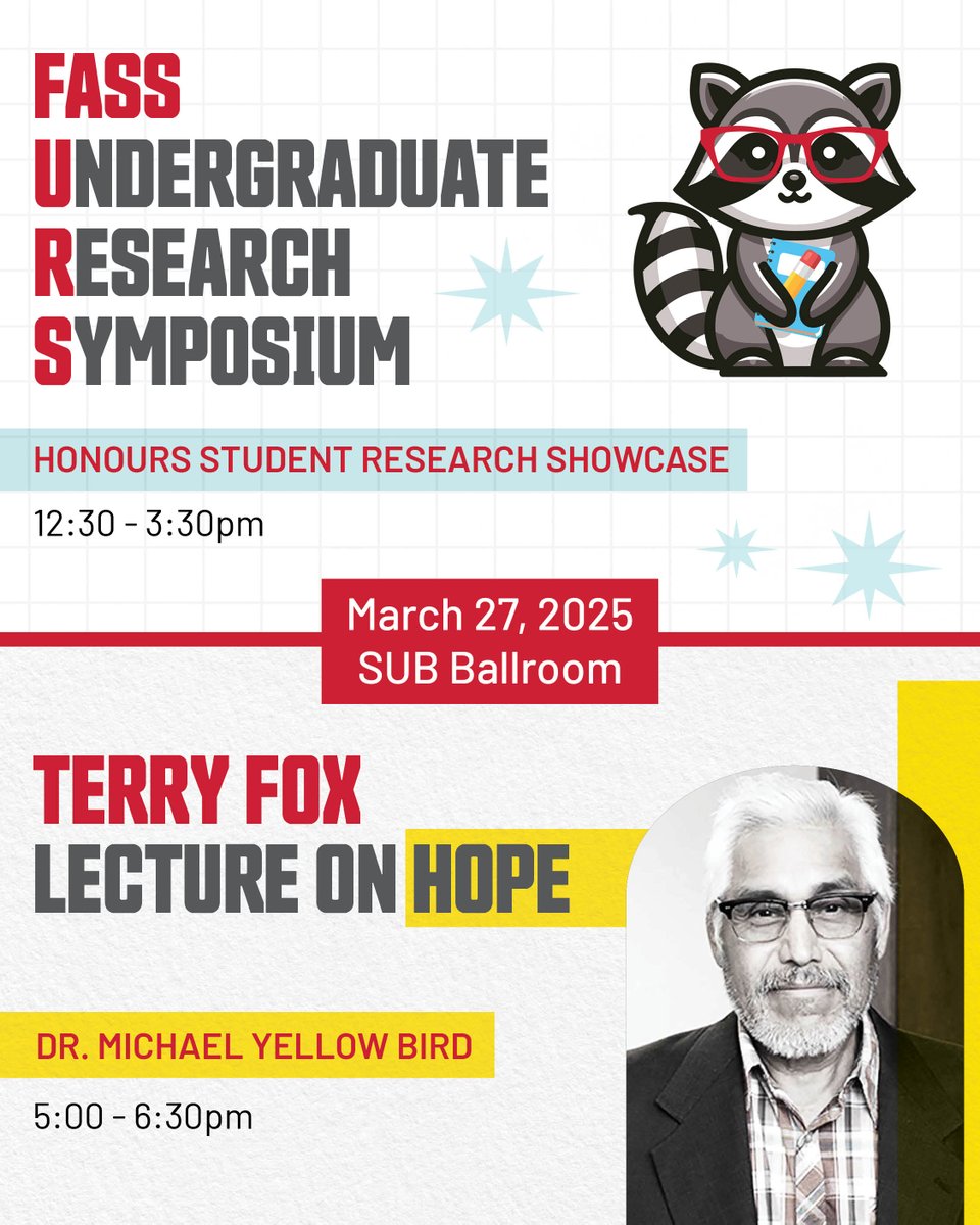 Two events, one day! Come for one or stay for both! First, it's FURS, our undergrad honours student research showcase. This is followed by the Terry Fox Lecture on Hope featuring Dr. Michael Yellow Bird. Both events are free &amp; open to everyone. …ergradresearchsymposium.eventbrite.ca