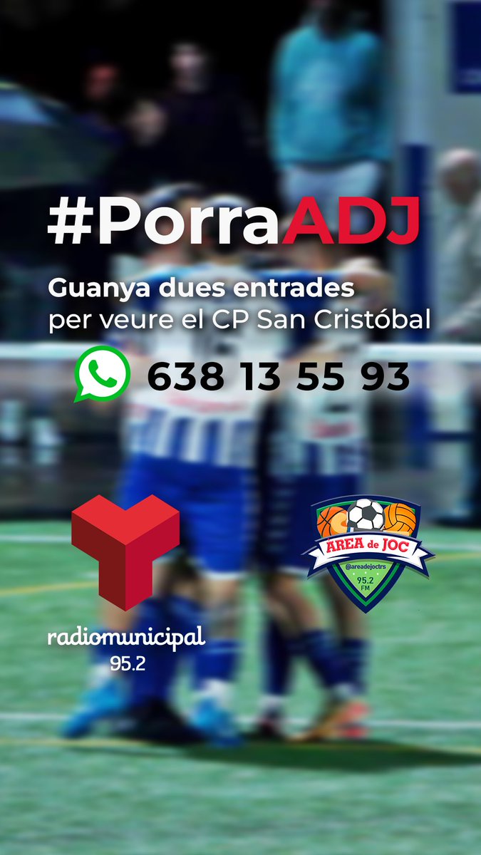 ➡️ Participa a la nostra porra❗️

📌 Adivina el resultat del partit <a href="/Montanyesa1927/">CF Montañesa</a> 🆚 <a href="/CPSanCristobal/">CP San Cristóbal</a> i guanya dues entrades per veure els parroquials en directe!

🎯 Per participar:
1️⃣ Comparteix el teu resultat amb el #porraADJ
2️⃣ O envia'ns-ho pel WhatsApp al 638 13 55 93.